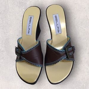 Bellini Women’s Sandals Brown Teal w/ Buckle Wedge Heel Size 9